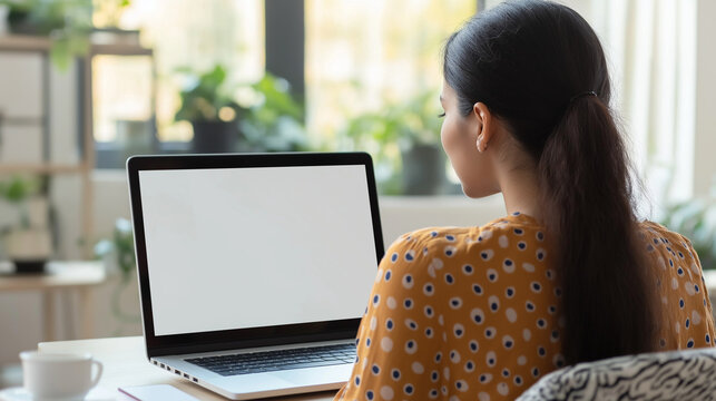 Latin Indian adult student typing working remotely online on educational webinar training chatting in home office using laptop computer looking at blank screen mockup. View over the shoulder