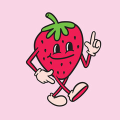 Strawberry cartoon with hand drawn retro style