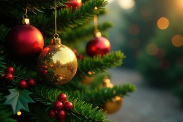 Shiny golden ornaments on a festive holly bush, bush, xmas, balls