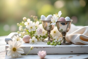 Pastel  Easter Eggs and Flowers in Silver Cups Softly Lit