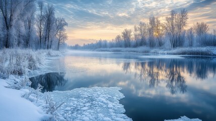 Fototapeta premium Tranquil Winter Scene with Reflective Water and Frosty Trees