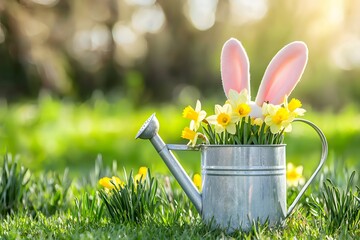 Springtime celebration with a playful watering can adorned with flowers and bunny ears in a vibrant garden setting
