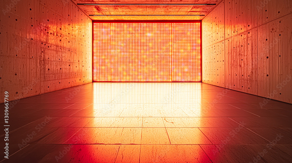 Poster a spacious gallery showcases a striking red wall installation that fills the room with warm, ambient