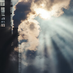 Industrial chimney emitting smoke against a dramatic sky with sun rays creating a striking contrast between pollution and natural light.