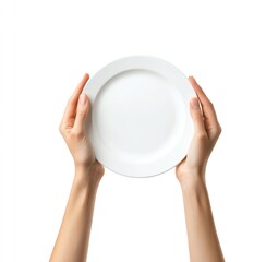 A pair of hands hold up a blank white plate against a white background. Minimalist, clean, and simple.