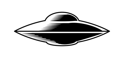 Alien UFO Doodle Icon. Simple outline sticker with flying saucer or spaceship of extraterrestrial beings. Design for print. Hand drawn black and white vector illustration isolated on background