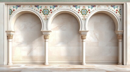 Fototapeta premium Three ornate arches with columns and intricate mosaic details on a marble wall.
