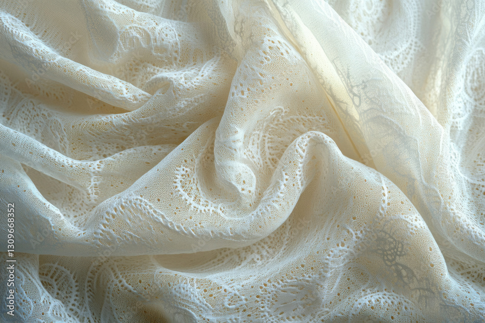 Poster cream-colored fabric with delicate lace pattern, soft and flowing texture.