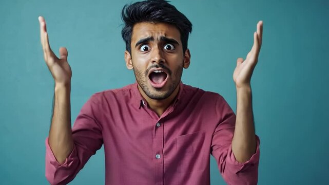 Astonished Man: Capturing an expression of shock and disbelief, a man with widened eyes and open mouth raises his hands in a gesture of surprise, on a backdrop
