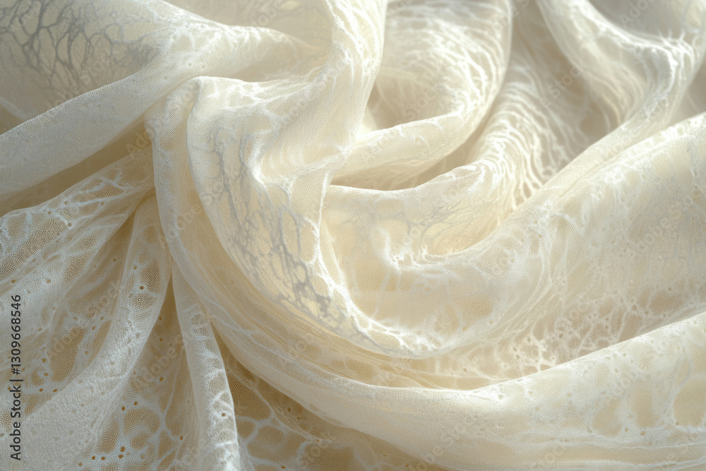Poster cream-colored fabric with delicate lace pattern, softly draped and textured.