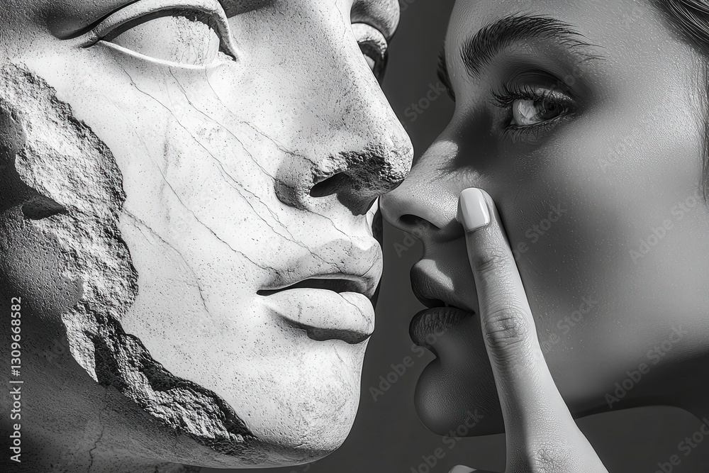 Poster a woman poses closely to a stone statue, her finger resting on her lips while gazing at the statue w