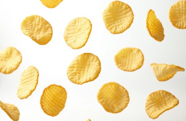 Naklejka premium Potato chips flying on transparent backdrop. Crispy, rippled texture. Delicious, salty, fried snack food. Junk food advertising, product promotion. Unhealthy fast food concept. Appetizing, vegetarian