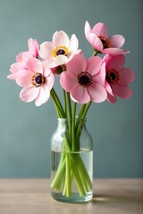 Obraz premium Pastel-colored anemones in a clear glass cylinder vase, spring theme, flower
