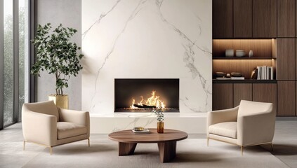 Fototapeta premium Modern living room with fireplace, marble wall, and comfortable armchairs.