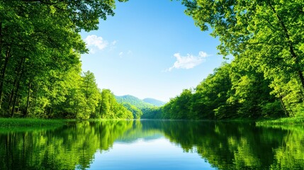 Tranquil Scenic View of a Clean Water Lake Surrounded by Lush Green Forest and Clear Blue Sky