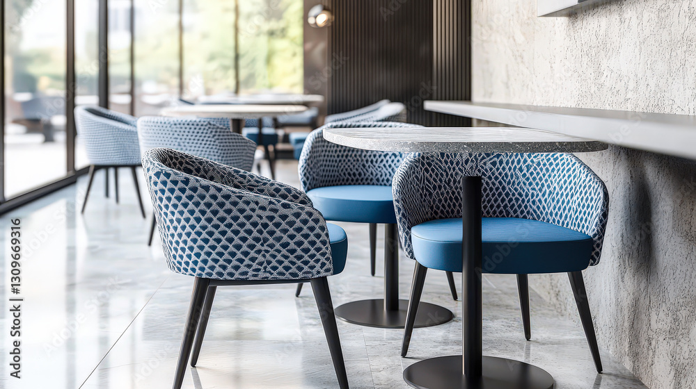 Poster the cafe features elegant woven chairs with blue cushions arranged around sleek tables, illuminated 