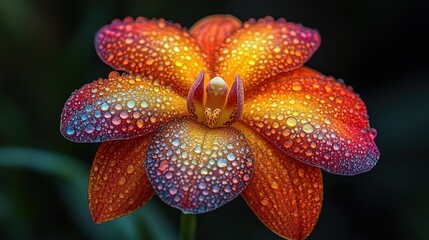 Vibrant orchid flower covered in dew drops