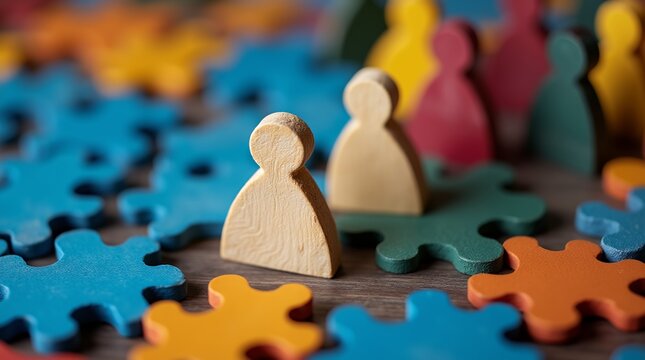 Puzzle Pieces and Figures: A close-up shot featuring colorful wooden puzzle pieces and stylized human figures, representing the concepts of diversity, inclusion, teamwork, and community