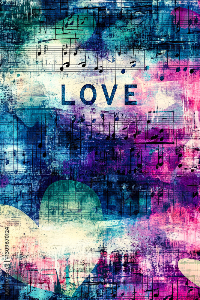 Poster a vibrant abstract composition with a mix of colors, music notes, and the word love prominently disp