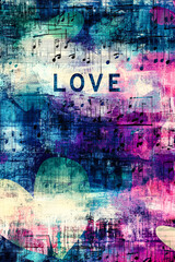 A vibrant abstract composition with a mix of colors, music notes, and the word love prominently displayed, creating a harmonious and artistic feel