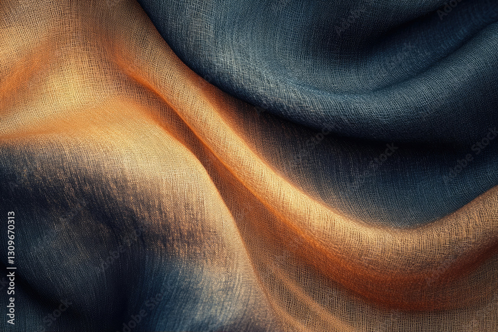Poster close-up of draped fabric showcasing a gradient of dark teal and warm amber tones, highlighting text