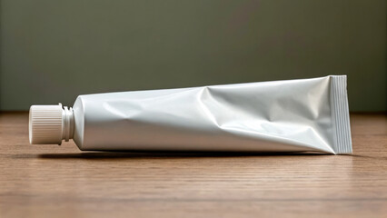 squeezed tube lying on wooden surface, almost empty and relatable