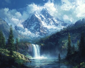 Fototapeta premium Waterfall flows mountain valley landscape art