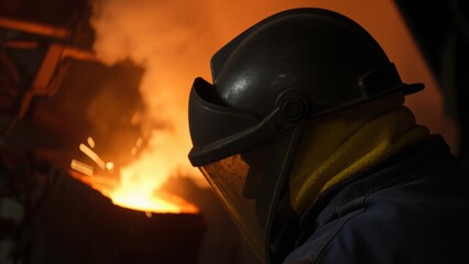 Fototapeta premium Intense scene of a blast furnace with a foundry worker's helmet and goggles in the foreground, emphasizing the dangerous and fiery setting of industrial metalworking
