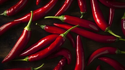 A group of red chili peppers scattered on a wooden surface