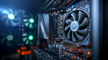 Fototapeta premium Close-up view of a modern computer cooling fan inside a high-performance gaming setup with glowing lights