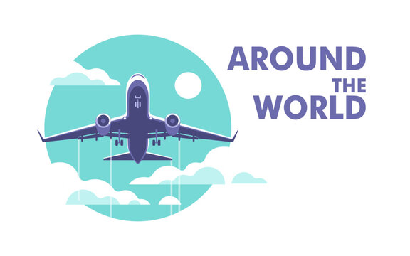 Airplane gaining altitude between clouds. Travel and vacation time. Vector illustration in a minimalistic style.	