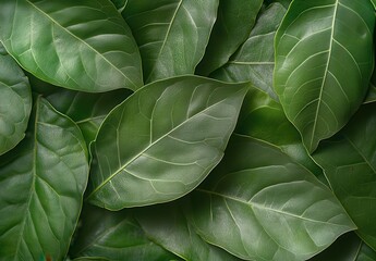 Naklejka premium Close-Up of Various Green Leaves with Rich Textures and Vibrant Color for Natural and Organic Backgrounds, Nature Lifestyle, and Botanical Themes