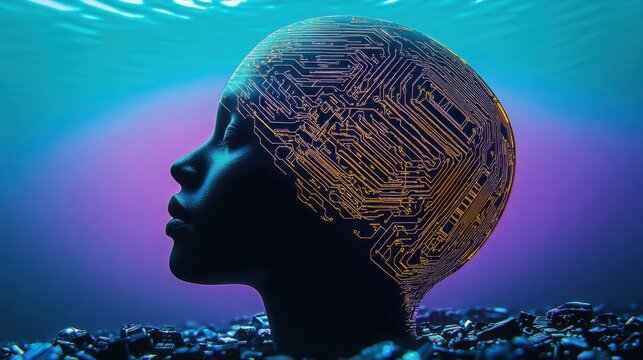Futuristic AI concept with human silhouette and circuit board design, underwater setting, vibrant colors, technology and innovation theme, National Techies Day - Powered by Adobe