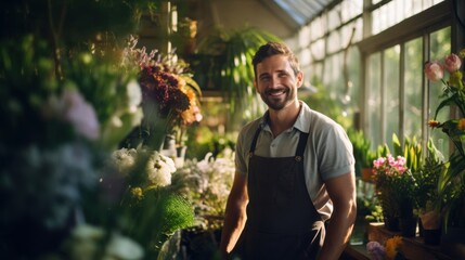 happy florist in greenhouse smiling