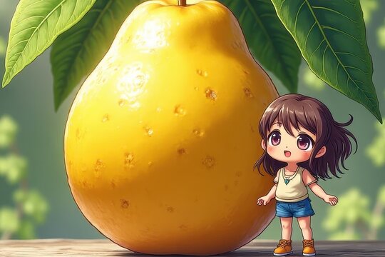 Enlarged Exotica: Detailed Image of a Bold Fruit and Vivid Anime Artwork