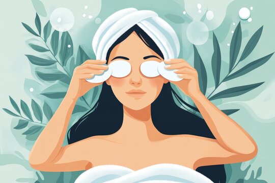 In a tranquil setting, a woman unwinds with cucumber slices placed over her eyes, surrounded by lush leaves and soft bubbles, embracing a rejuvenating spa experience