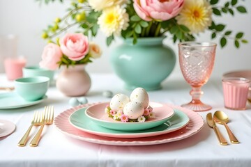 Elegant Easter Table Setting with Pastel Decor and Floral Centerpiece