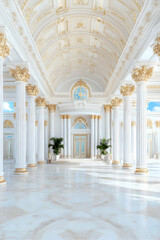 Fototapeta premium Elegant white hallway with columns and high arched ceiling.