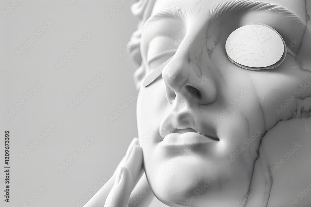 Aufkleber the marble statue features an enchanting face with soft features, resting peacefully against a pale 
