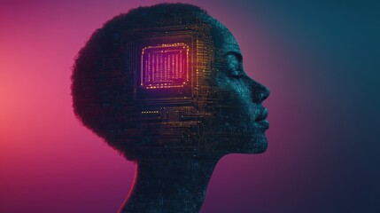 Profile of woman with digital circuit brain, futuristic technology concept, vibrant neon colors, artificial intelligence integration, innovation and future vision