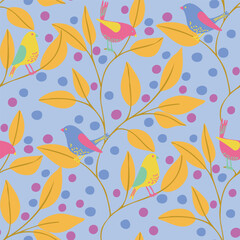 Birds and Leaves Vector Seamless Pattern