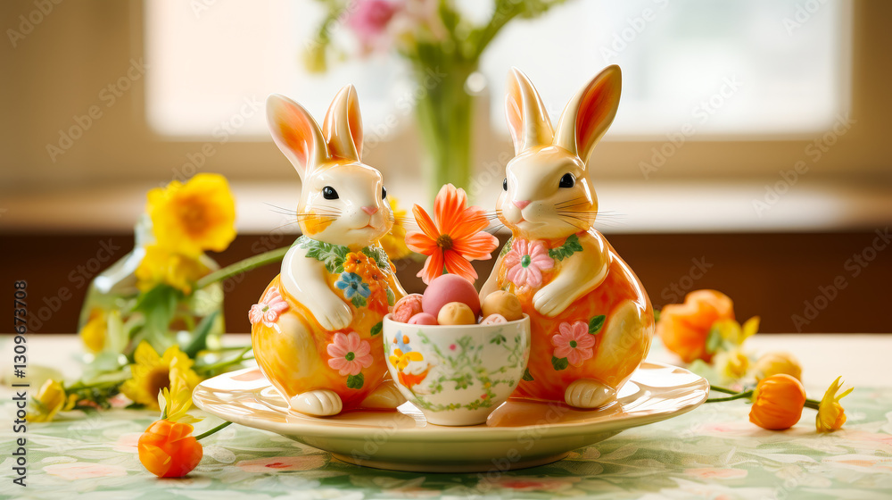 Poster decorative ceramic rabbits seated at a table with flowers and a bowl of colorful eggs during springt