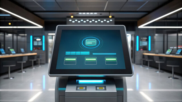 modern banking kiosk with touchscreen interface in sleek environment, showcasing advanced technology and user friendly design