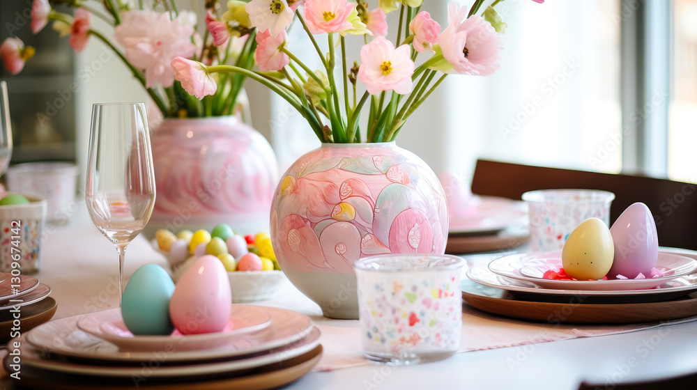 Poster beautifully arranged table setting with spring flowers and colorful easter decorations