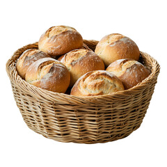 wicker basket with freshly baked bread rolls isolated on transparent background
