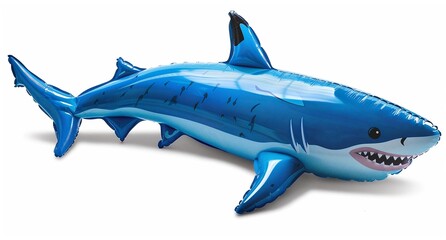 Fototapeta premium A large, inflatable shark, blue with darker markings, is shown against a white background. Perfect for parties or ocean-themed events!