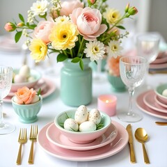 Close-Up of Refined Easter Table Setting with Floral Vase Centerpiece