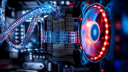 Fototapeta premium Close-up view of a modern computer cooling system with colorful LED lights and intricate wiring