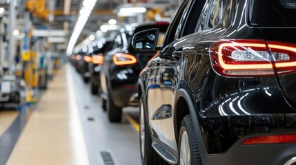 Obraz premium Cars with open doors are expertly built and painted on the assembly line in a state-of-the-art production facility