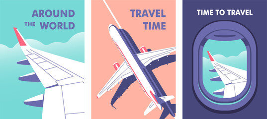 View through the porthole of aircraft. Passenger plane parked on the runway. Travel, journey concept. Perfect background on the theme of season vacation, weekend. Vector illustration.